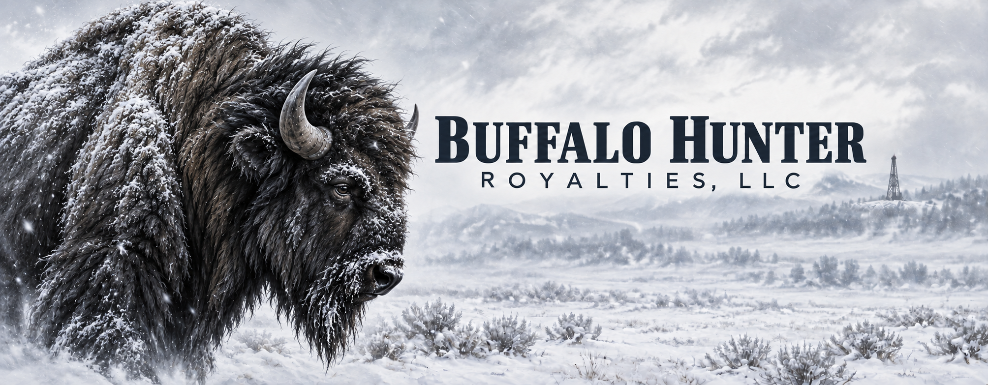 Snow-covered American bison overlooking a winter landscape with a distant oil derrick